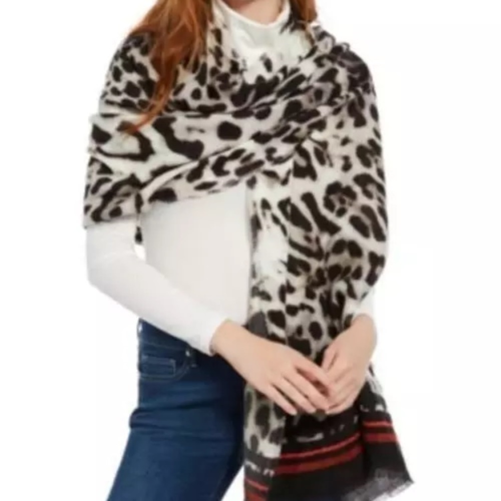 INC Wrap Scarf Animal Print Pashmina black red Neck Warmer - Picture 1 of 7